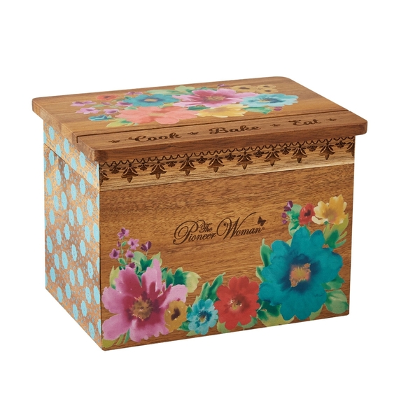 🌺 New Pioneer Woman Natural Acacia wood Recipe Box & Recipe Cards - Picture 6 of 10